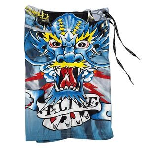 Ed Hardy Alive Christian Audigier Blue Board Shorts Dragon Dagger Swim Trunks 30